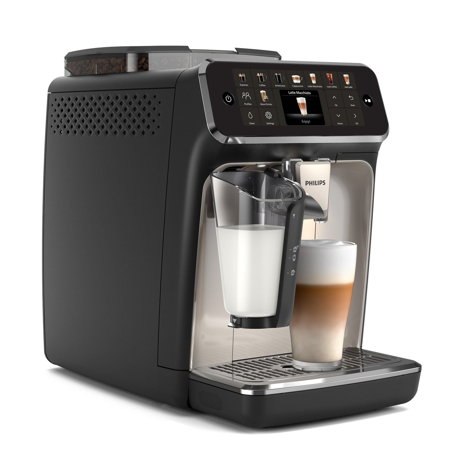 PHILIPS_Kaffeevollautomat EP5547/90 5500 Series, 20 Kaffeespezialitäten (heiß oder eisgekühlt), Schwarz verchromt LatteGo-Milchsystem, SilentBrew Technologie