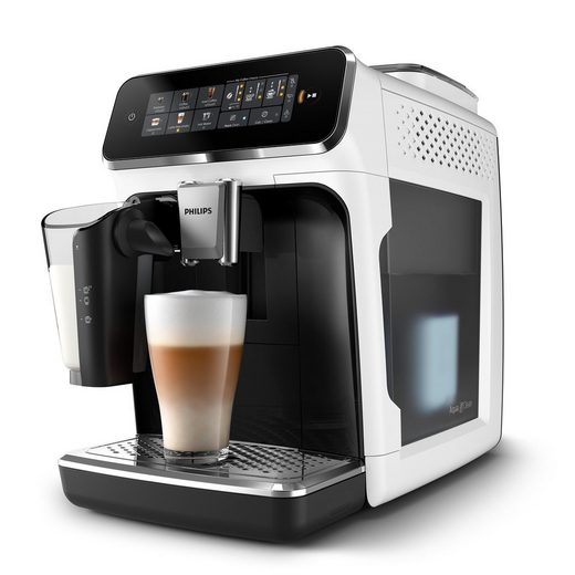 Kaffeevollautomat EP3343/50 3300 Series, 6 Getränke (heiß oder eisgekühlt) LatteGo-Milchsystem, SilentBrew Technologie, Weiß-Schwarz