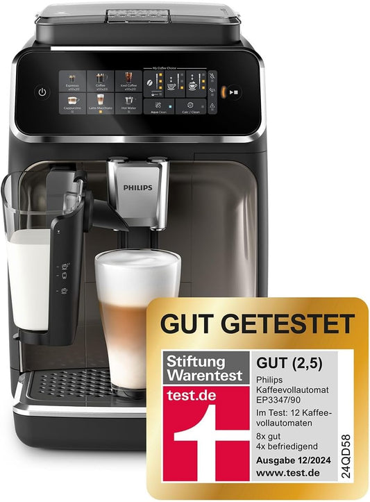 3300 Series Kaffeevollautomat - 6 Getränke, Modernes Farb-Touchscreen-Display, LatteGo-Milchsystem, SilentBrew, 100% Keramikmahlwerk, AquaClean Filter. Schwarzchrom (EP3347/90)