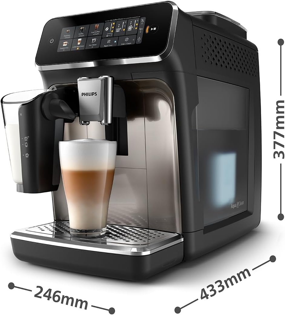 3300 Series Kaffeevollautomat - 6 Getränke, Modernes Farb-Touchscreen-Display, LatteGo-Milchsystem, SilentBrew, 100% Keramikmahlwerk, AquaClean Filter. Schwarzchrom (EP3347/90)