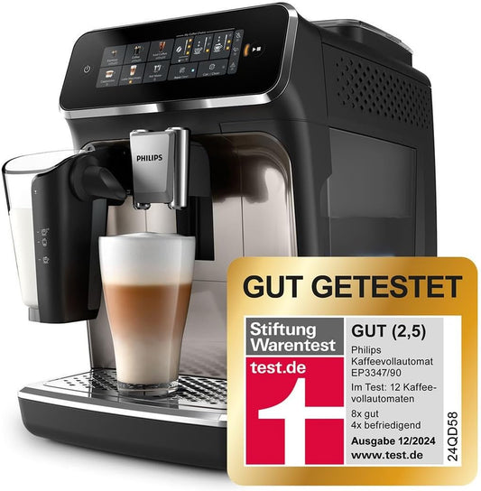 3300 Series Kaffeevollautomat - 6 Getränke, Modernes Farb-Touchscreen-Display, LatteGo-Milchsystem, SilentBrew, 100% Keramikmahlwerk, AquaClean Filter. Schwarzchrom (EP3347/90)