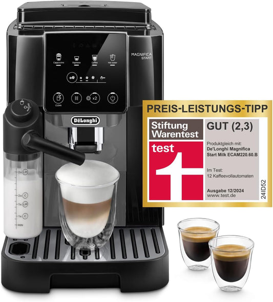 Magnifica Start - Perfetto Kaffeevollautomat mit LatteCrema-Milchaufschäumer, 4 One-Touch-Getränke, Cappuccino Kaffeemaschine, Soft-Touch-Bedienfeld, Schwarz-Grau (ECAM222.60.BG)