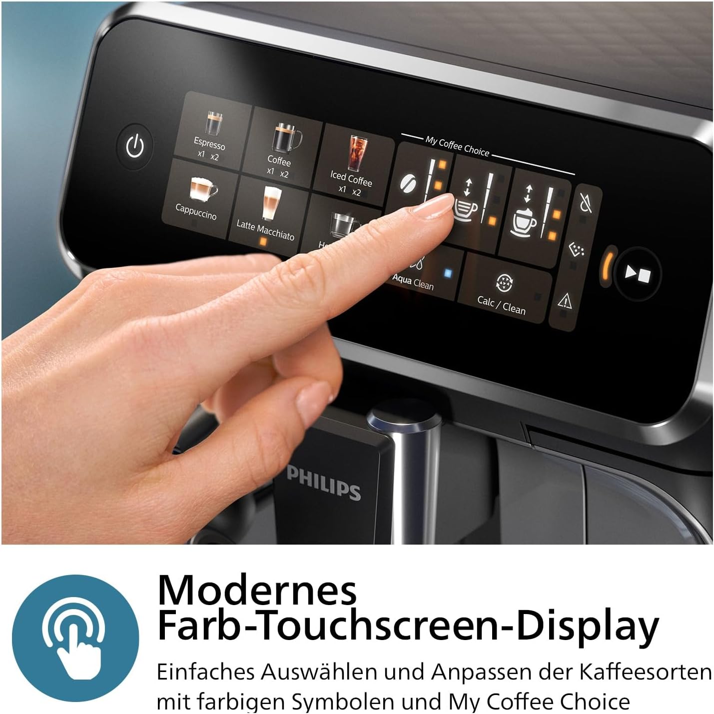 3300 Series Kaffeevollautomat - 6 Getränke, Modernes Farb-Touchscreen-Display, LatteGo-Milchsystem, SilentBrew, 100% Keramikmahlwerk, AquaClean Filter. Schwarzchrom (EP3347/90)