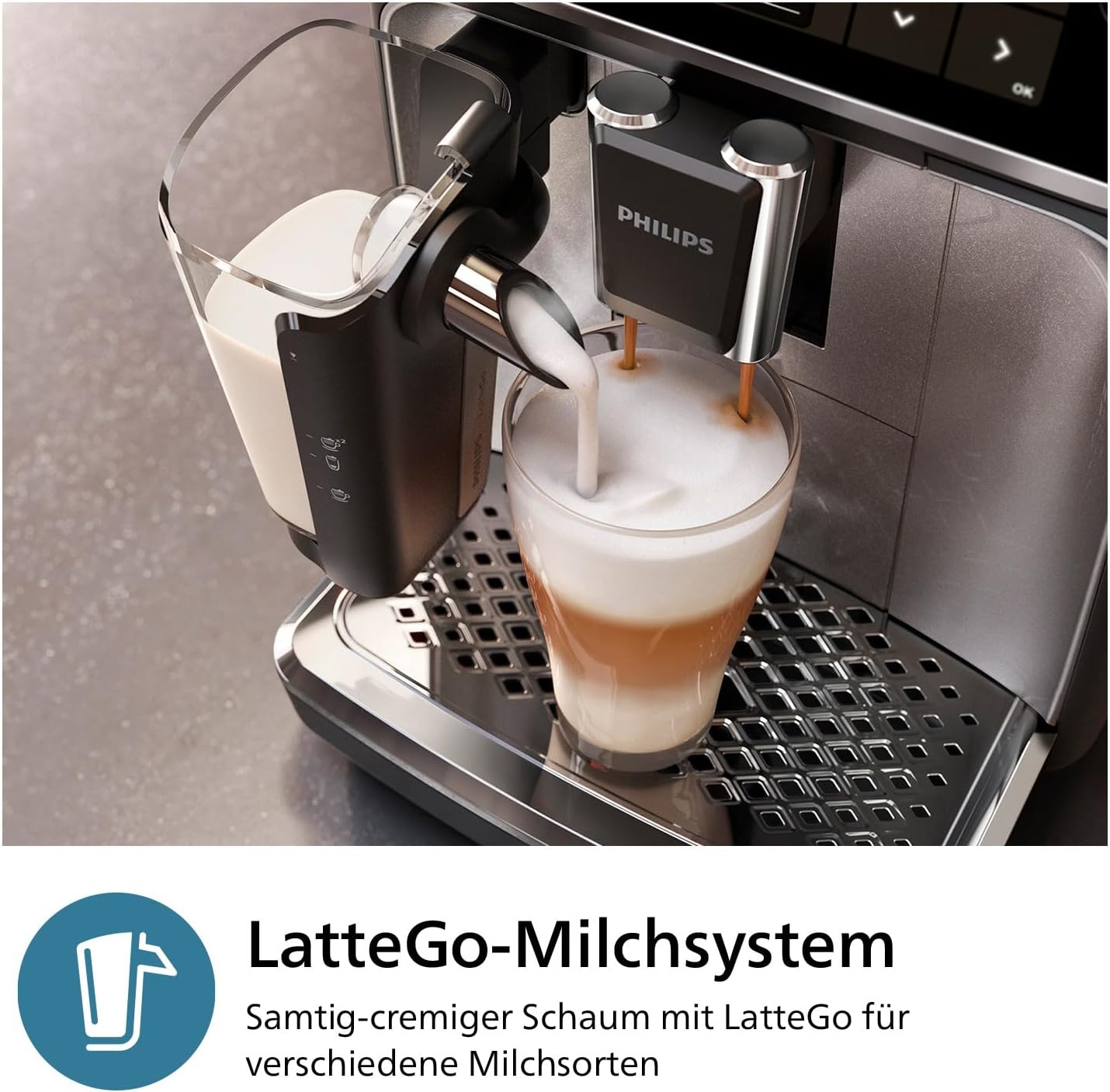 3300 Series Kaffeevollautomat - 6 Getränke, Modernes Farb-Touchscreen-Display, LatteGo-Milchsystem, SilentBrew, 100% Keramikmahlwerk, AquaClean Filter. Schwarzchrom (EP3347/90)