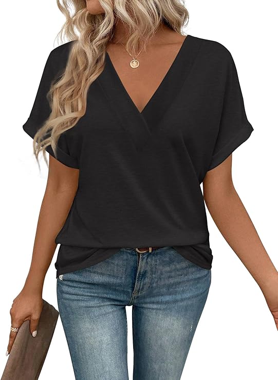 T-Shirt Women's Tops Short Sleeve V-Neck Shirts Women's Summer Elegant Loose Basic Top