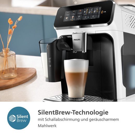 Kaffeevollautomat EP3343/50 3300 Series, 6 Getränke (heiß oder eisgekühlt) LatteGo-Milchsystem, SilentBrew Technologie, Weiß-Schwarz